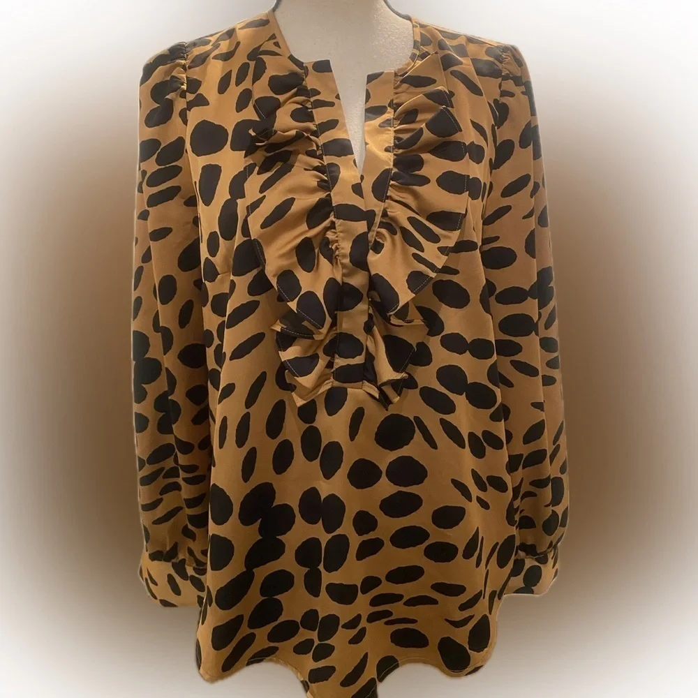 J. Crew Women’s Animal Print Ruffles Blouse Long Sleeve Button Down New M